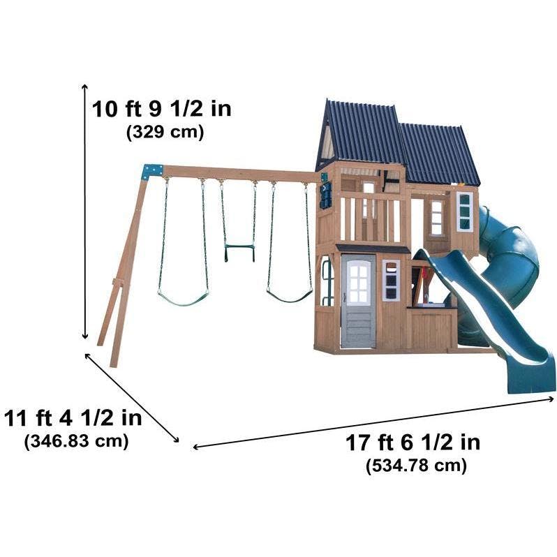 Acadia Manor Wooden Outdoor Swing Set / Playset With Zigzag Fireman'S Pole
