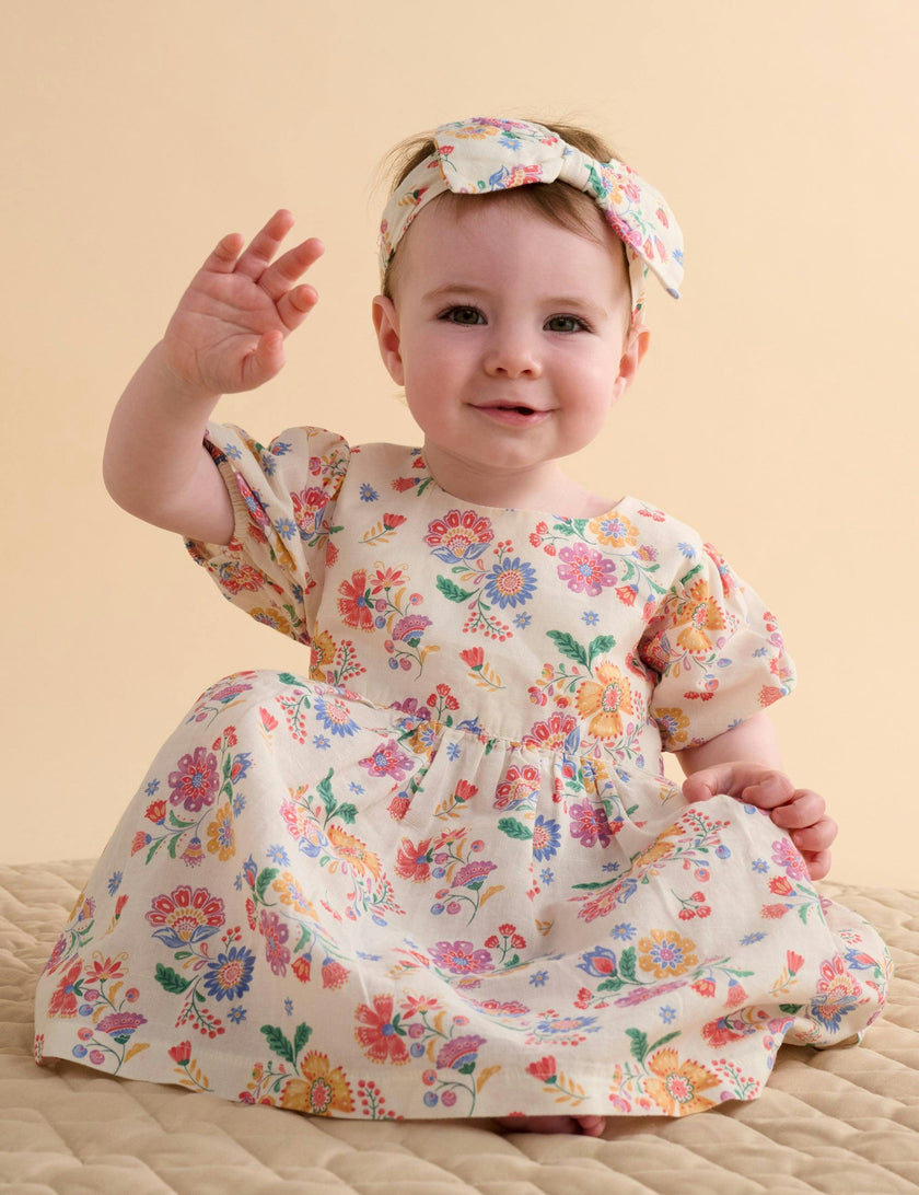 Linen Blend Dress & Headband Mexican Floral