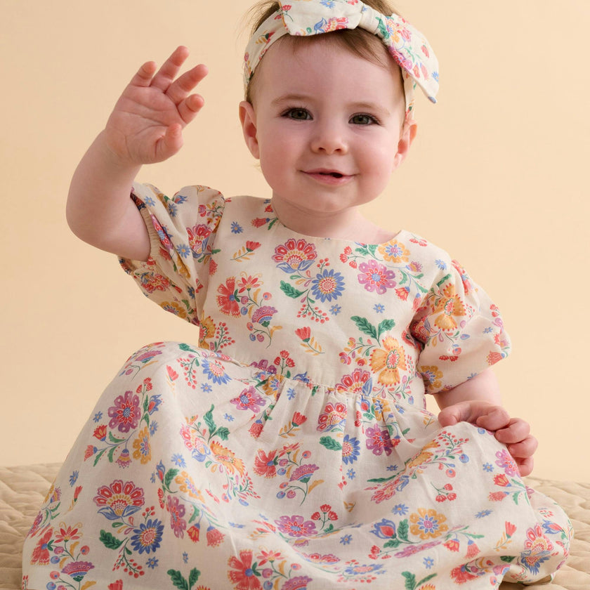 Linen Blend Dress & Headband Mexican Floral