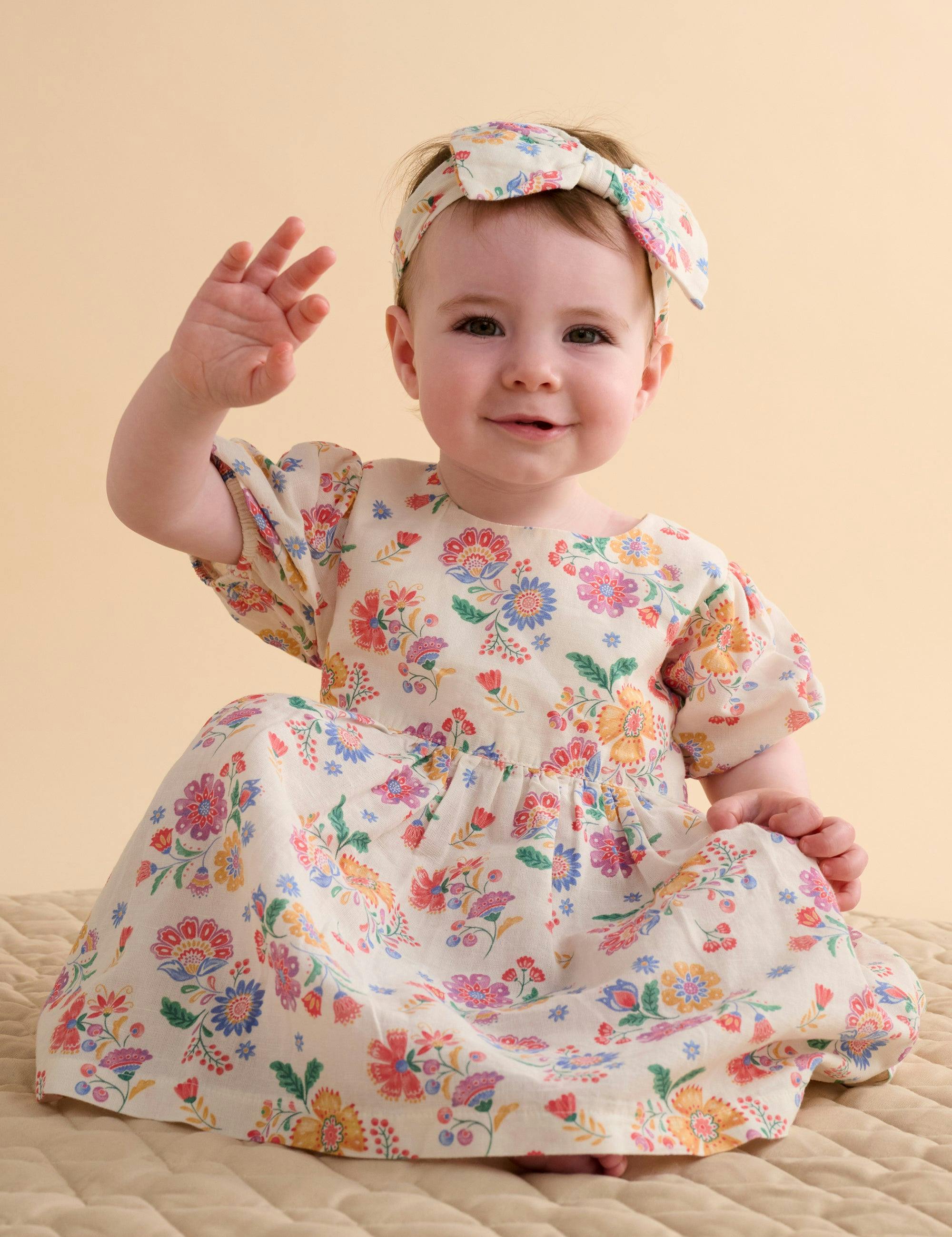 Linen Blend Dress & Headband Mexican Floral
