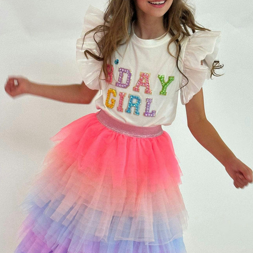 Birthday Girl Gem Ruffle Sleeve Shirt