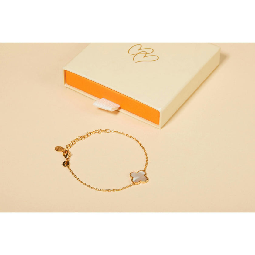 Personalized Mother of Pearl Clover Cross Chain Bracelet, 14k Gold Plated