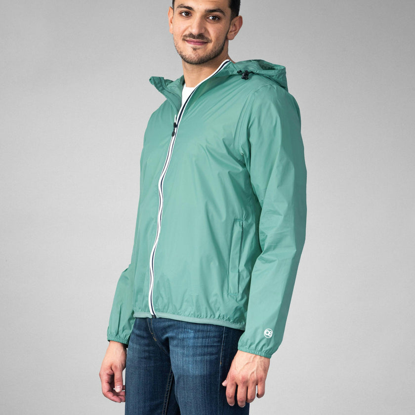 Moss green full zip packable Rain jacket and windbreaker