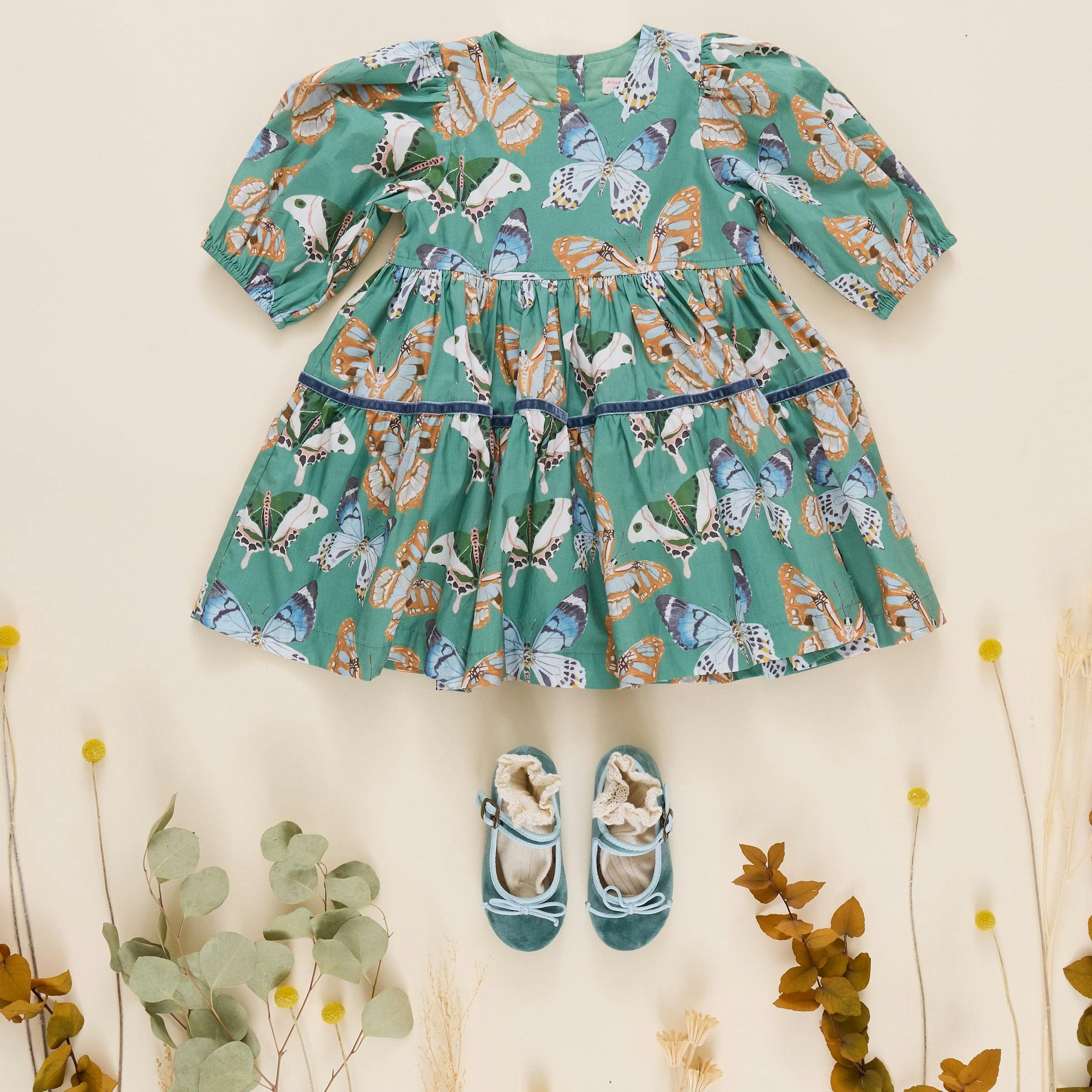 Girls Maribelle Dress - Green Butterflies