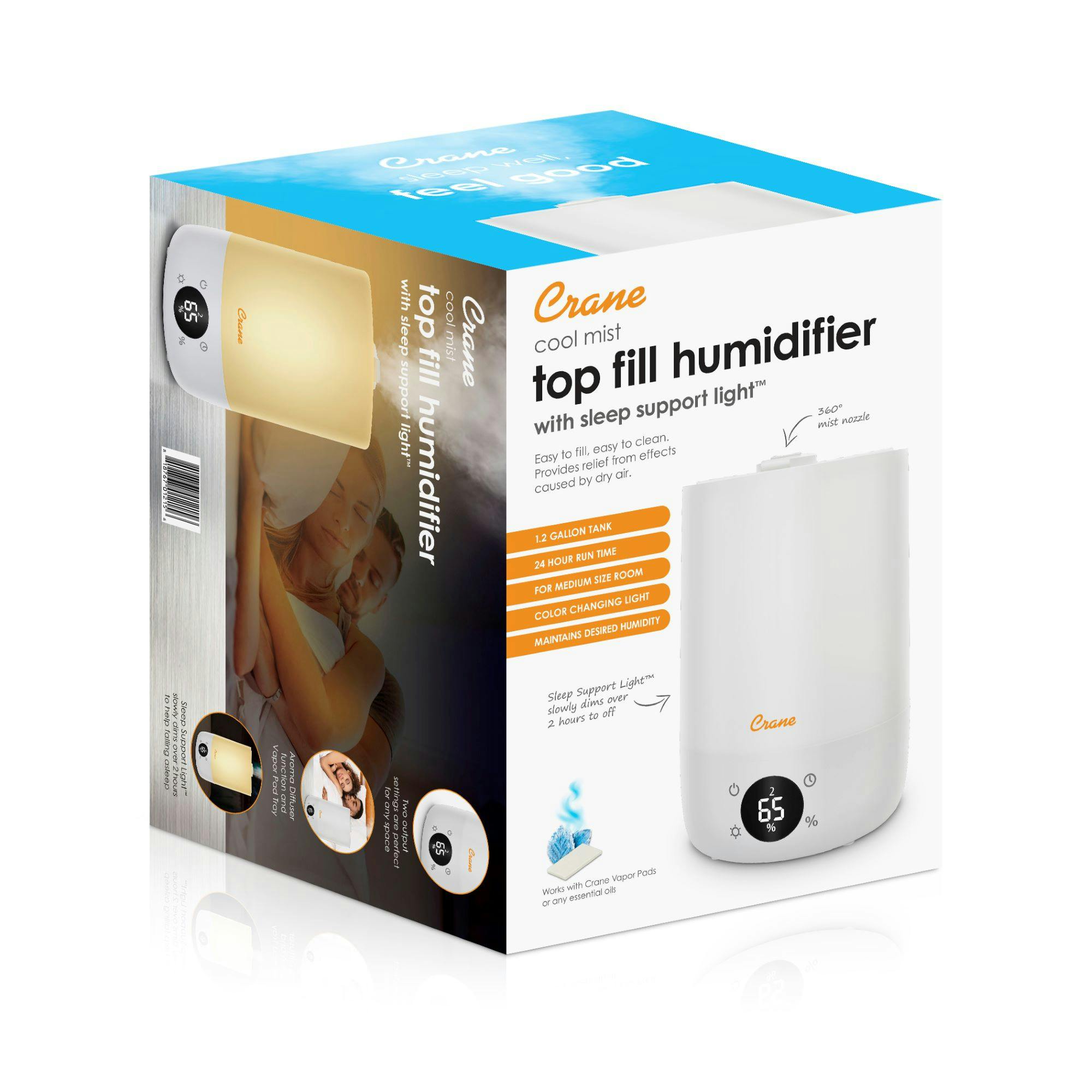 Top Fill Cool Mist Humidifier, 1.2 Gallon with Sleep Support Light & Essential Oil Tray