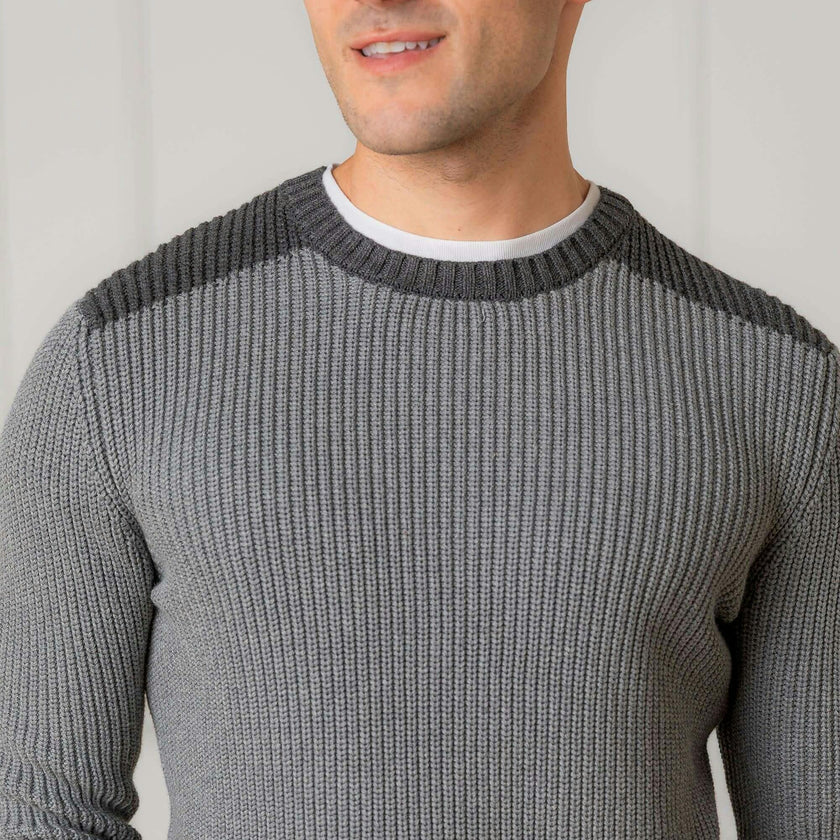 Men's Organic Crew Neck Shoulder Detail Sweater, Grey