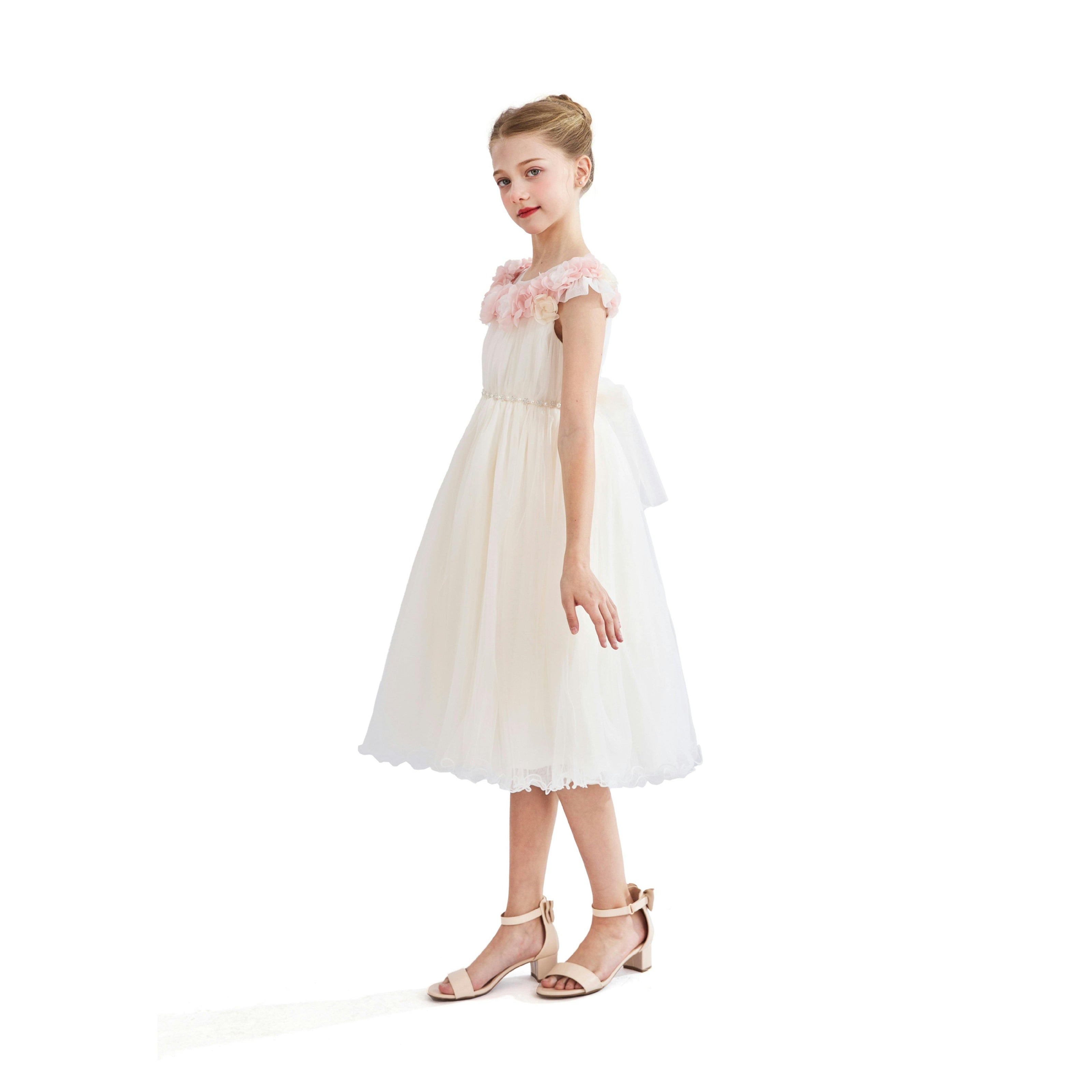 White Silvera Dress with Pink Petal Trim