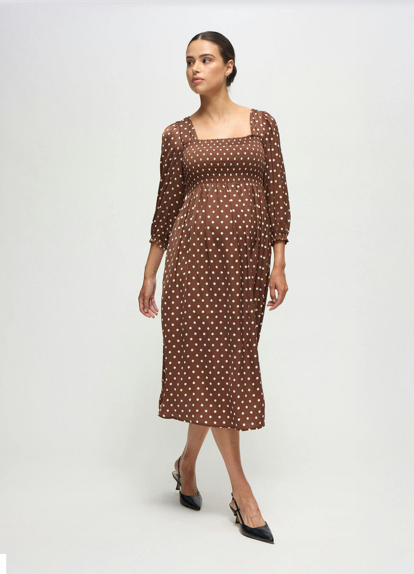 Smocked Sateen Maternity and Nursing Midi Dress