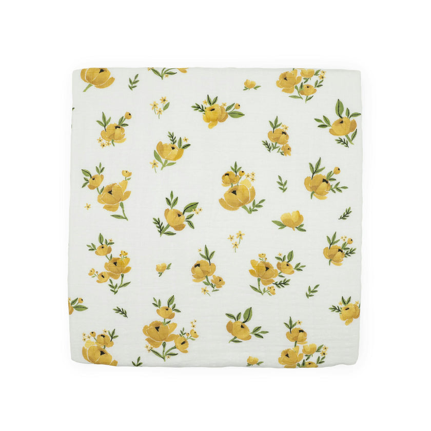 Organic Cotton Muslin Swaddle Blanket - Yellow Roses