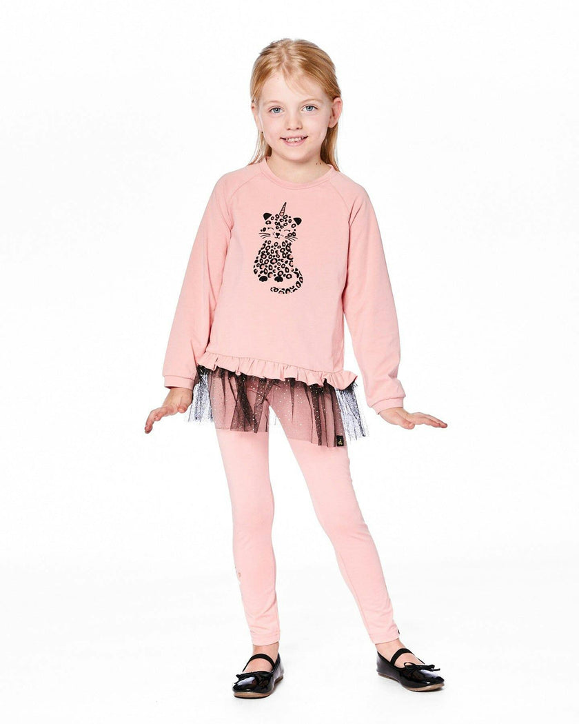 Long Bi-Material Top with Mesh Ruffle Hem and Leopard Print