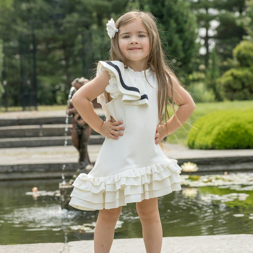 Alex White Ruffle Dress with Black Contrast Line