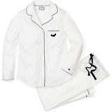 Women's Twill Pajama Set in White with Navy Piping