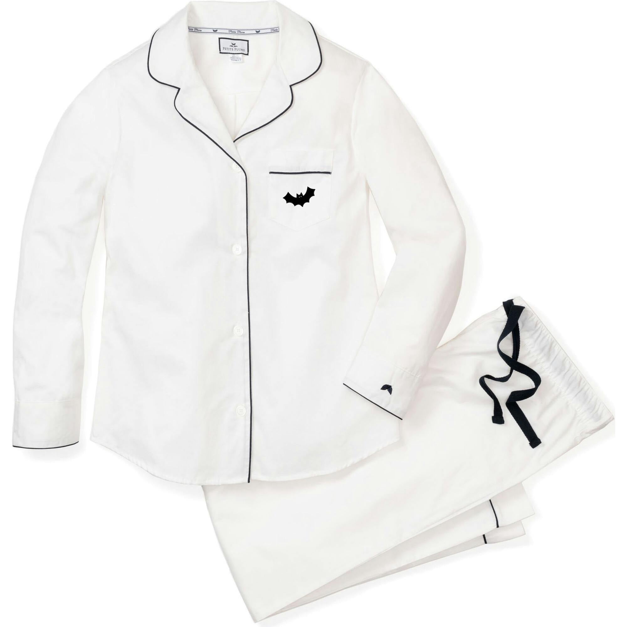 Women's Twill Pajama Set in White with Navy Piping