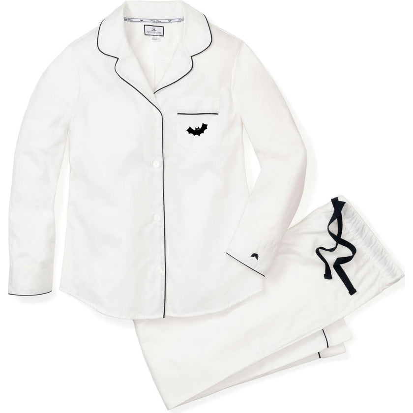 Women's Twill Pajama Set in White with Navy Piping