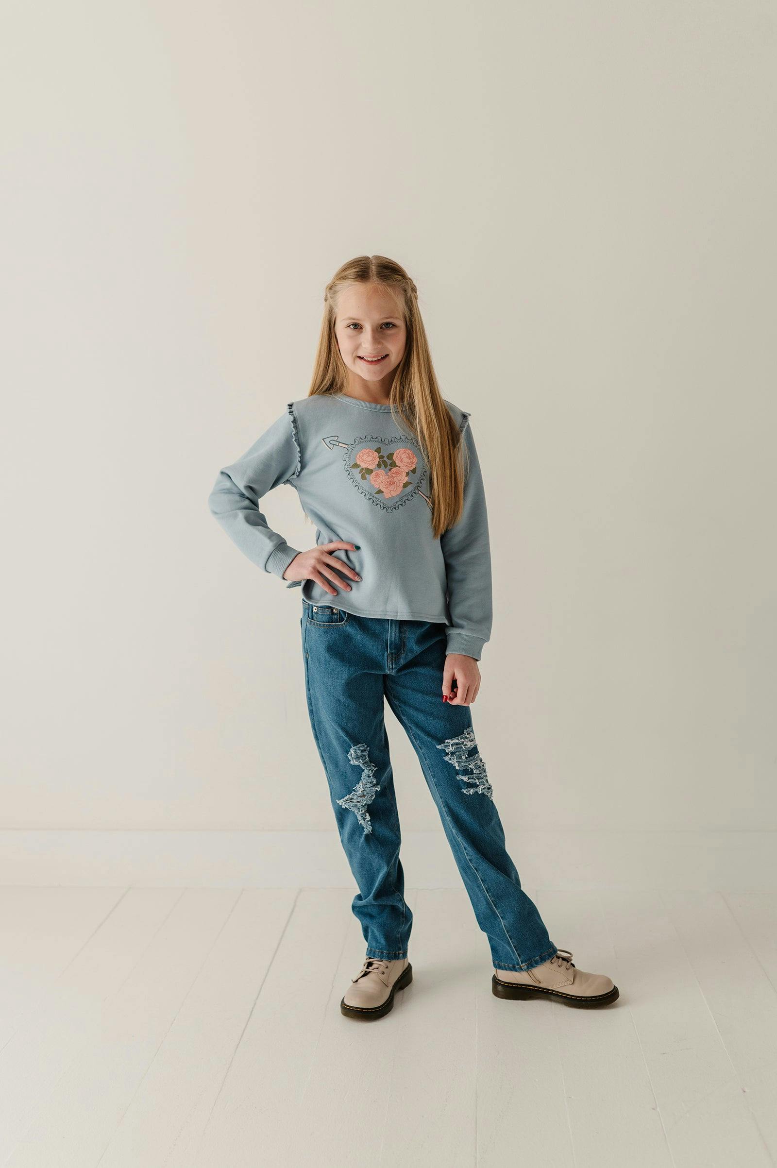 Girls Raw Edge Sweatshirt in Addison Embroidery Floral
