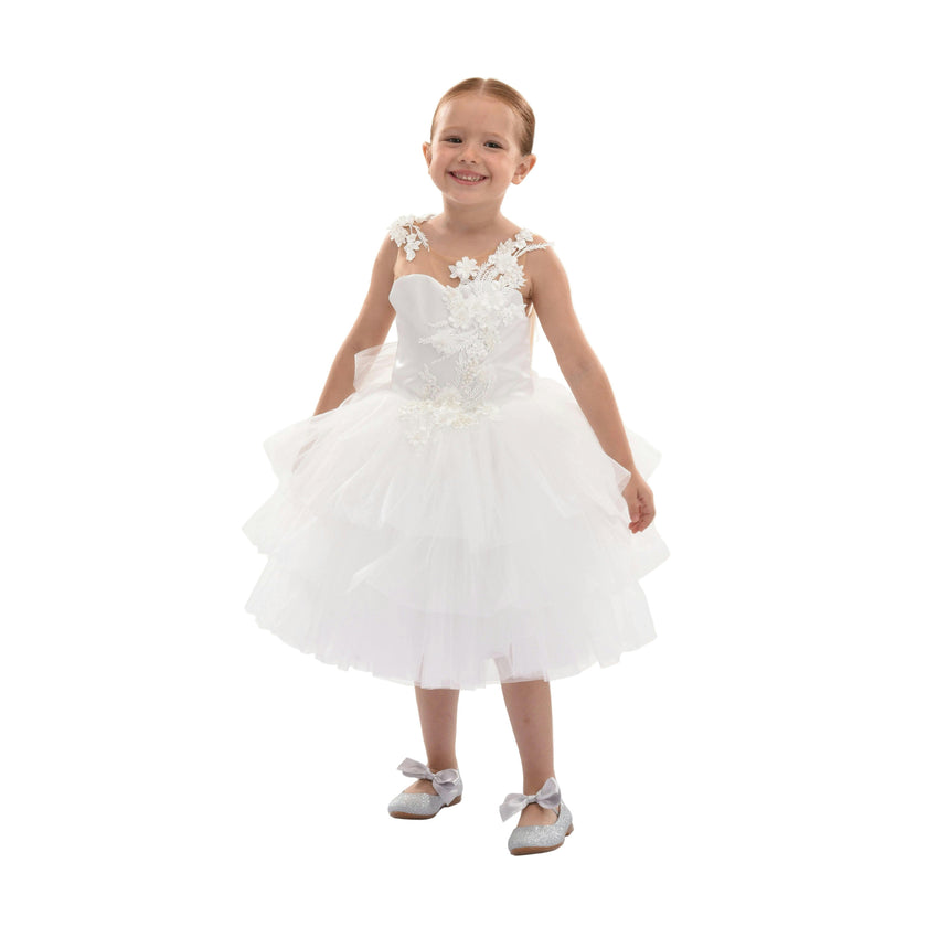 White Carnelian Floral Embroidered Tulle Dress