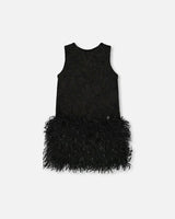 Sleeveless Bi-Material Lurex Dress with Feathers