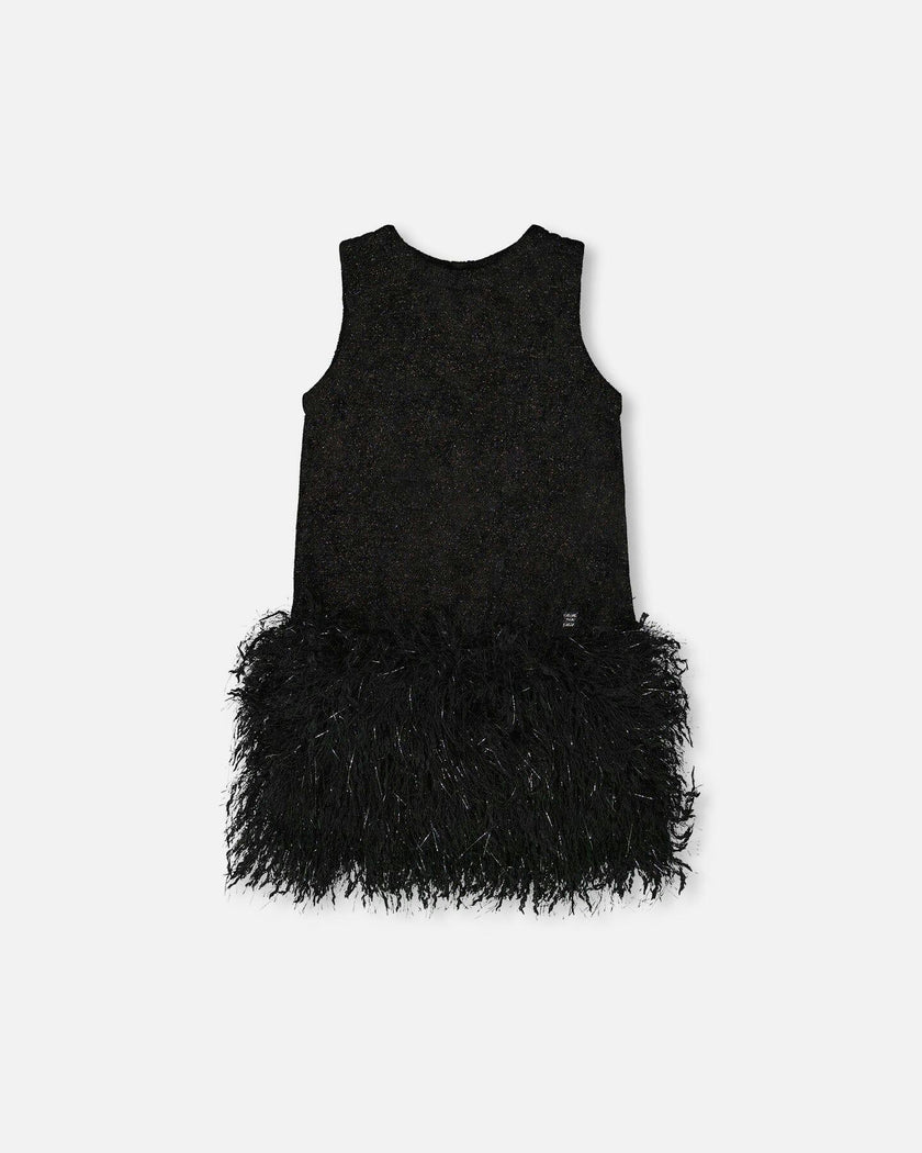 Sleeveless Bi-Material Lurex Dress with Feathers
