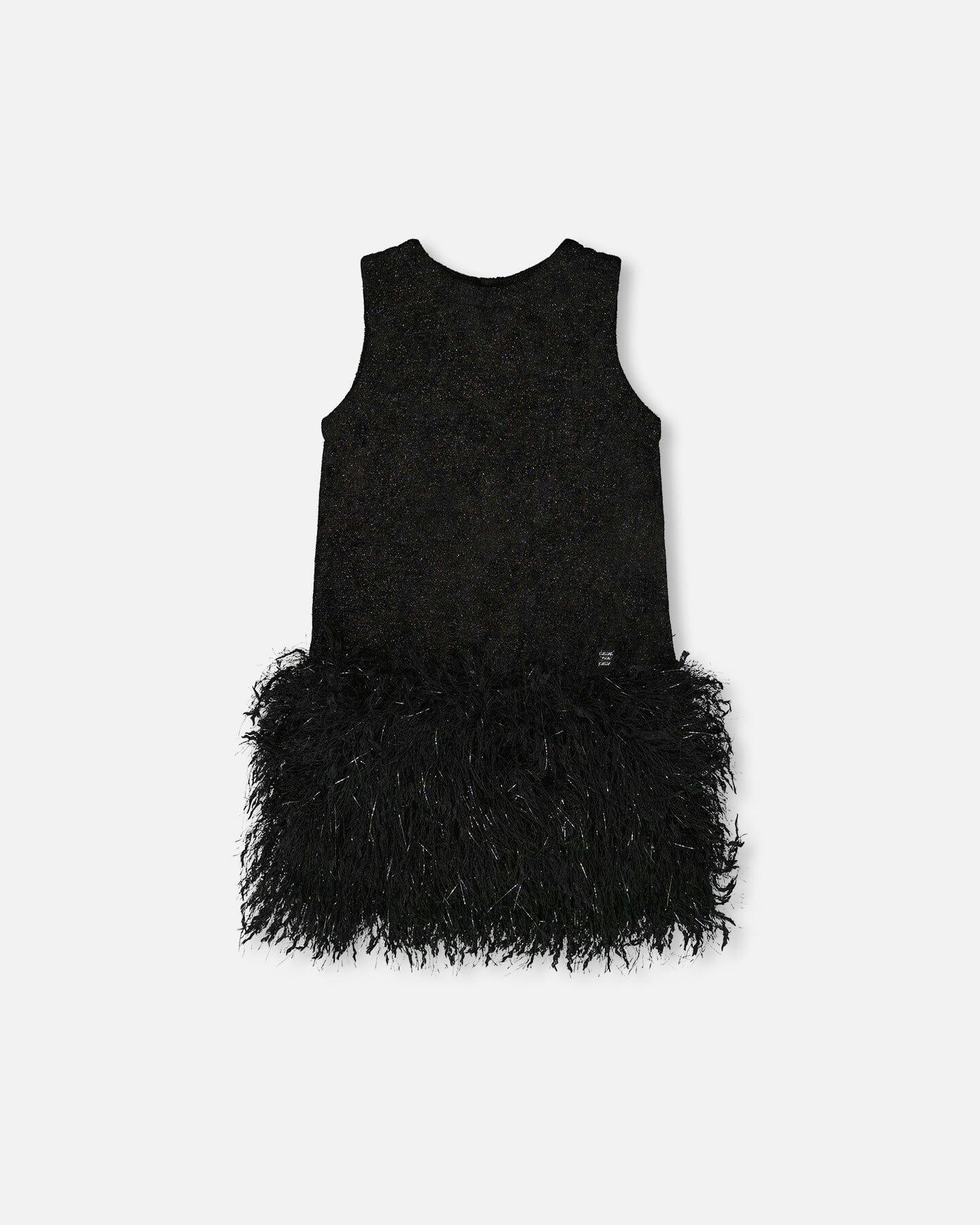 Sleeveless Bi-Material Lurex Dress with Feathers