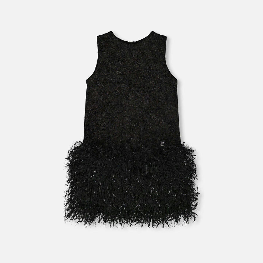 Sleeveless Bi-Material Lurex Dress with Feathers