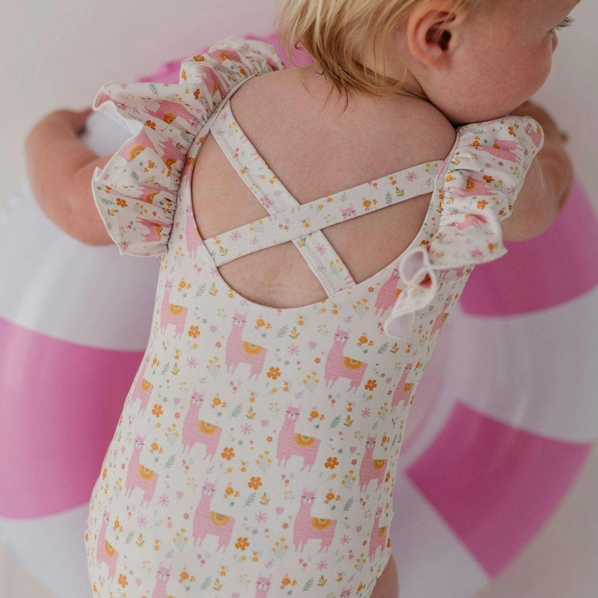 Baby Girl Ruffle Sleeve Cross Back Swimsuit