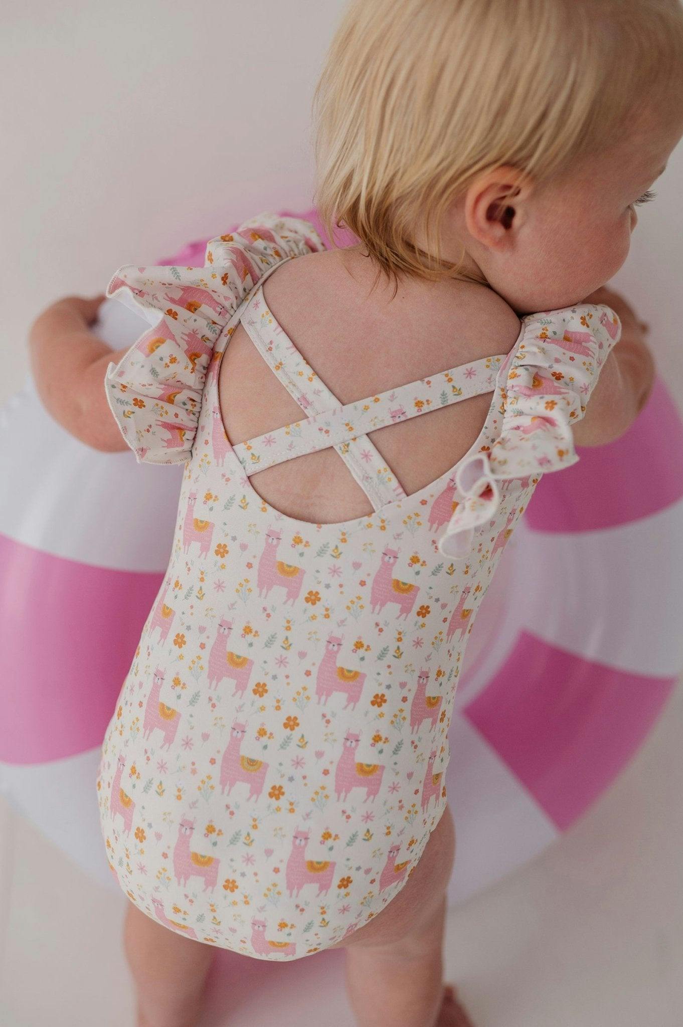 Baby Girl Ruffle Sleeve Cross Back Swimsuit in Sketched Daisy