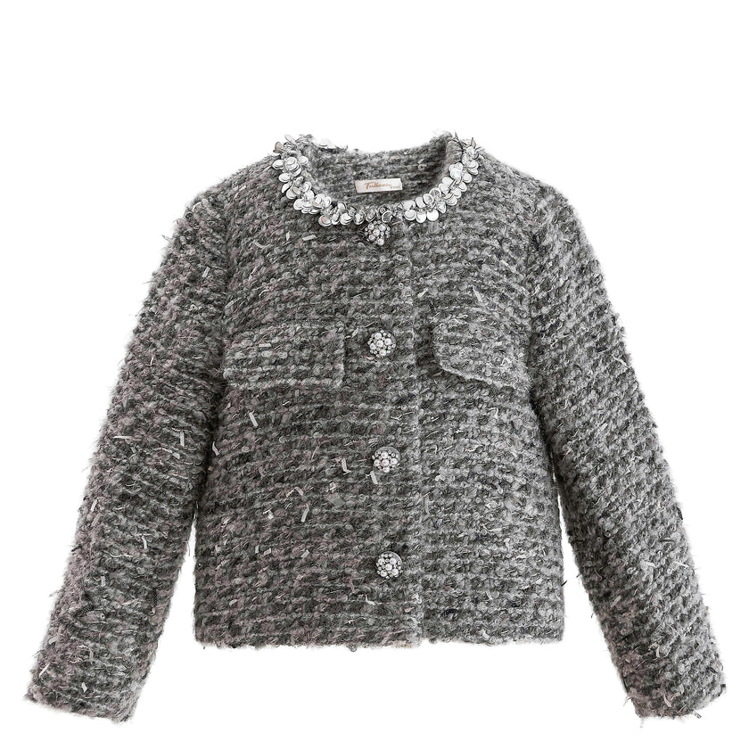 Gray Bouclé Jewel-Collar Jacket