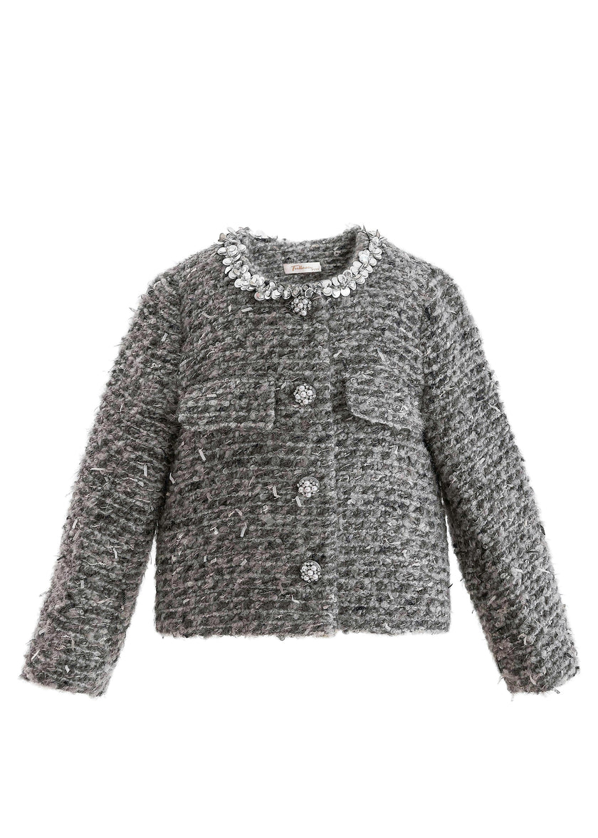 Gray Bouclé Jewel-Collar Jacket