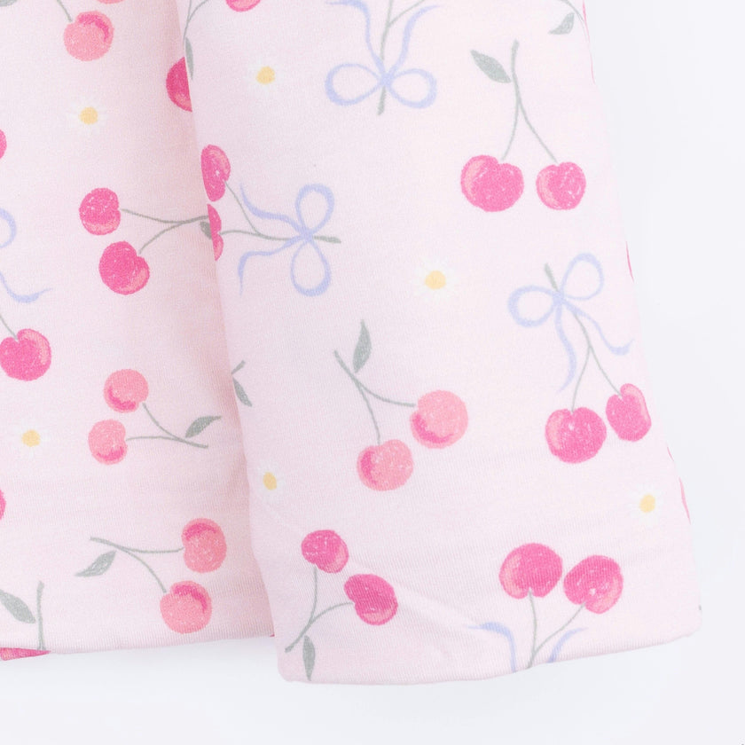 Sweet Bow Cherries - 2 Way Ruffle Back Zipper Footie & Swaddle Blanket Set
