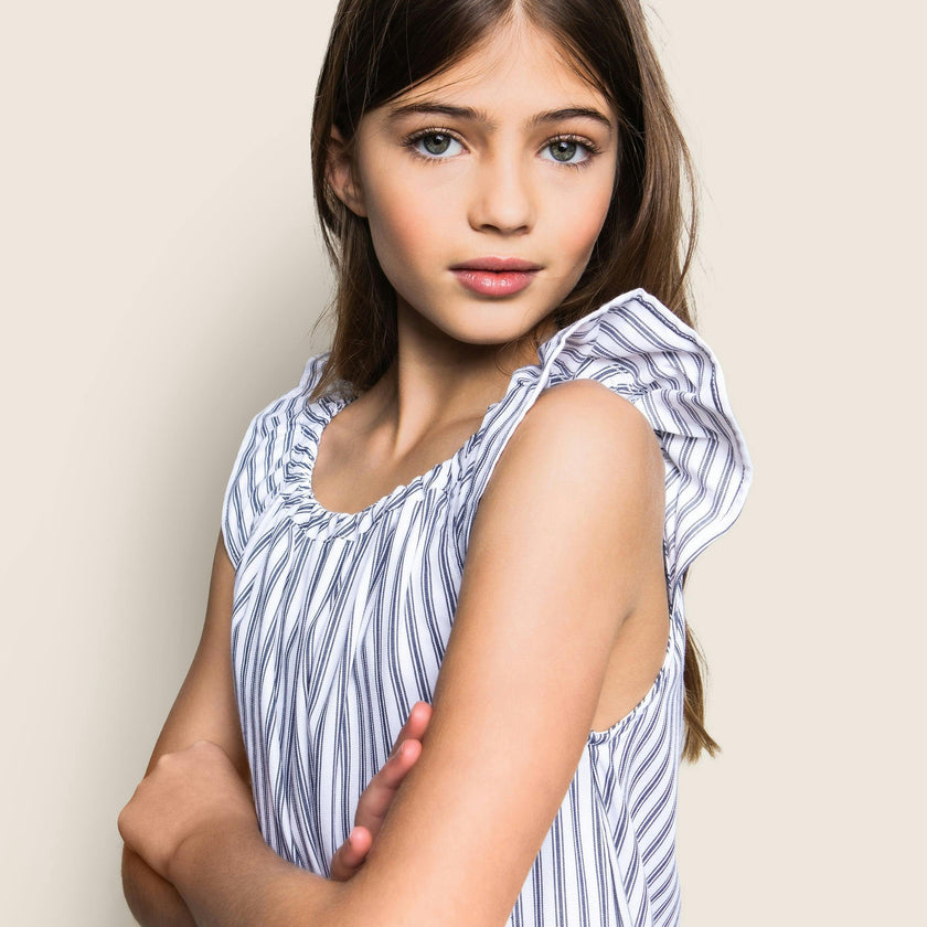 Girl's Twill Isabelle Nightgown in Navy French Ticking