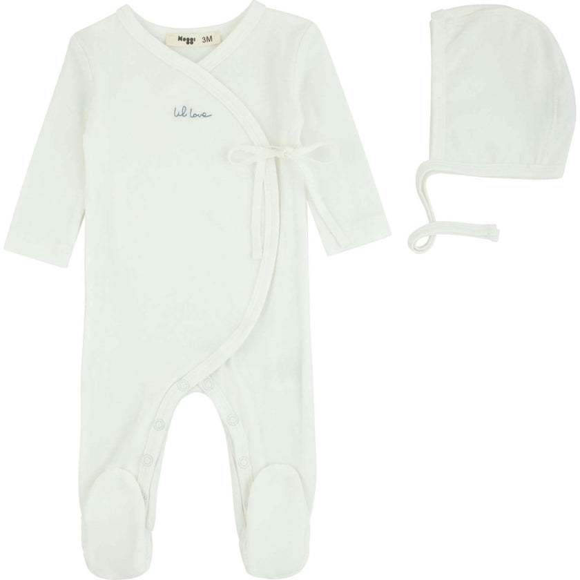 Lil Love Embroidered Wrap Footie and Bonnet, Blue Embroidery