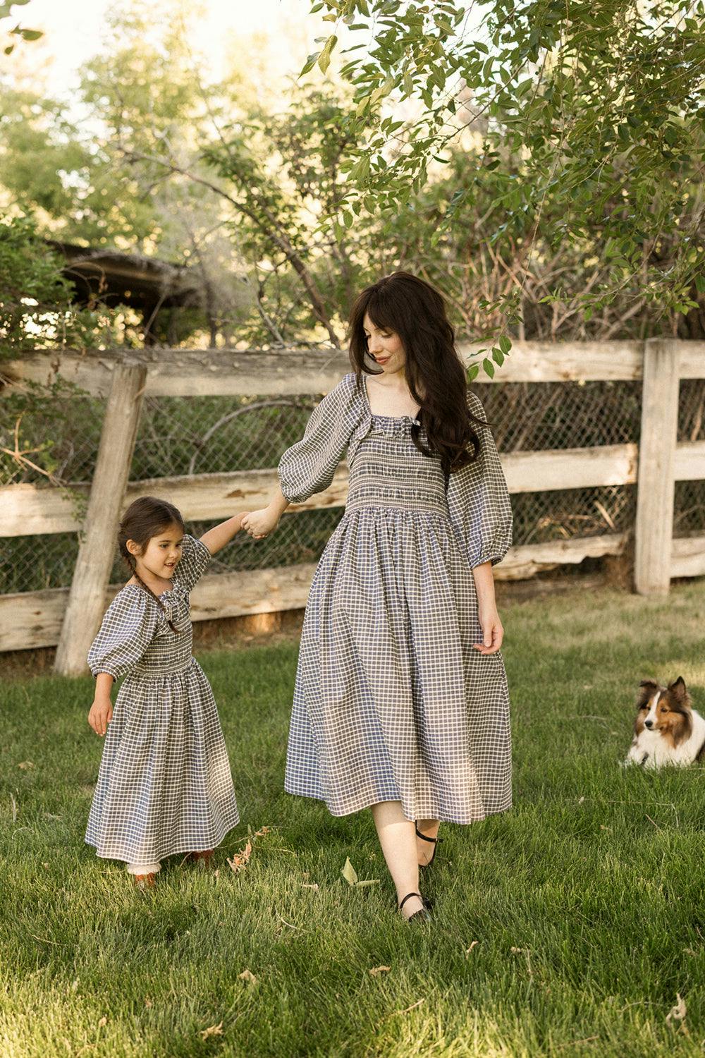Mini Mae 3/4 Sleeve Dress in Prussian Blue Plaid