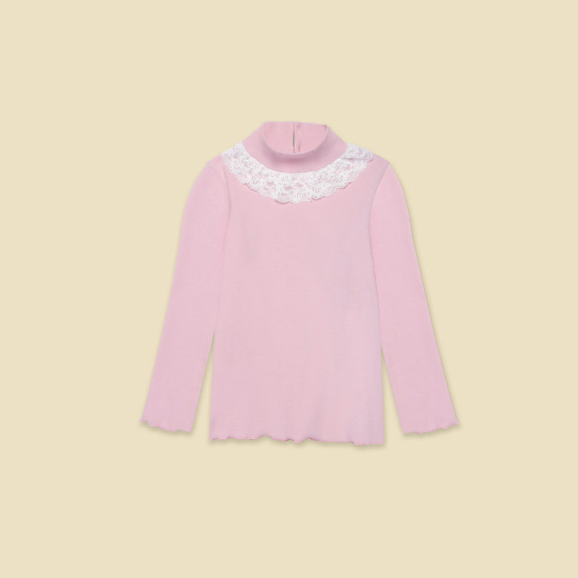 Ribbed Mock Neck with Lace Collar in Rhapsody Rose