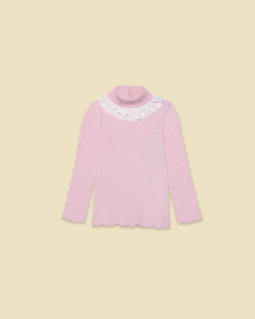 Ribbed Mock Neck with Lace Collar in Rhapsody Rose