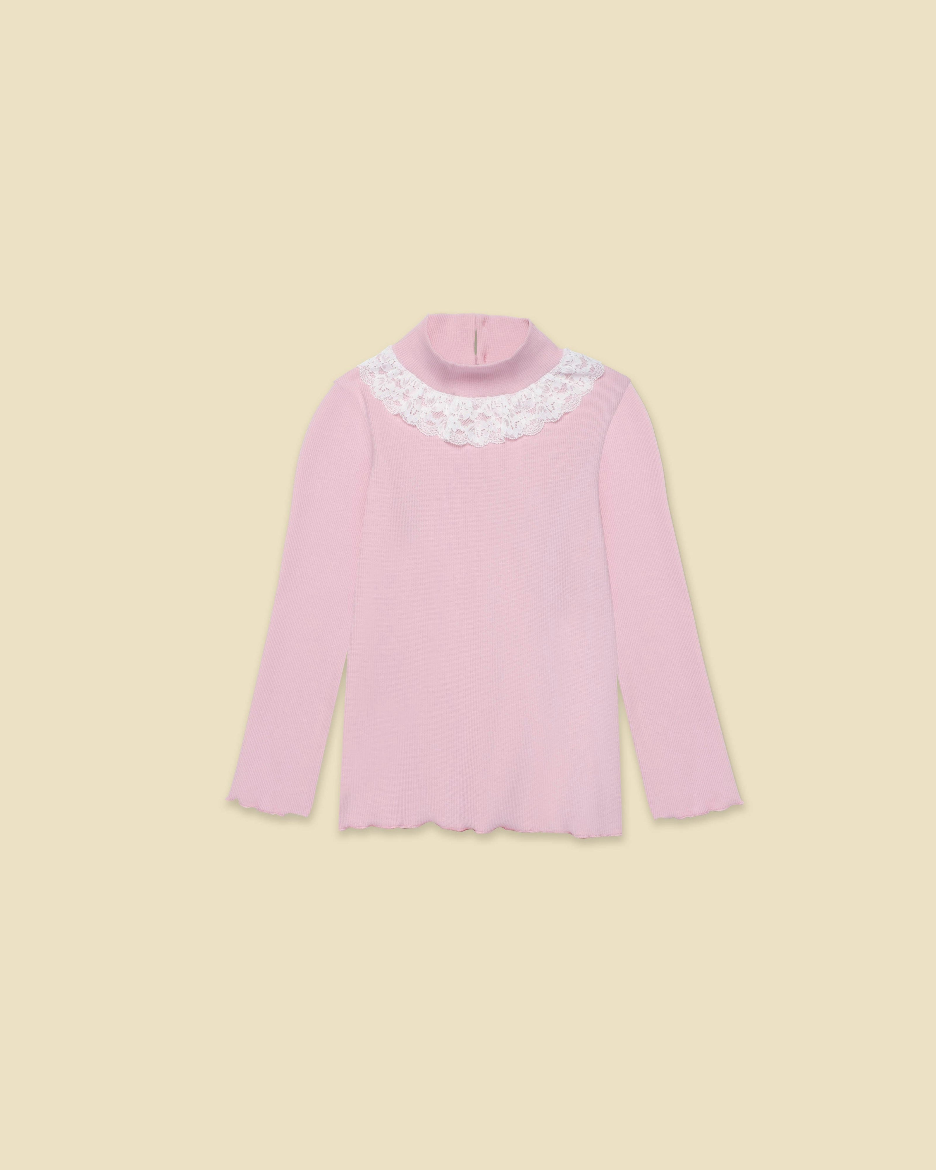 Ribbed Mock Neck with Lace Collar in Rhapsody Rose