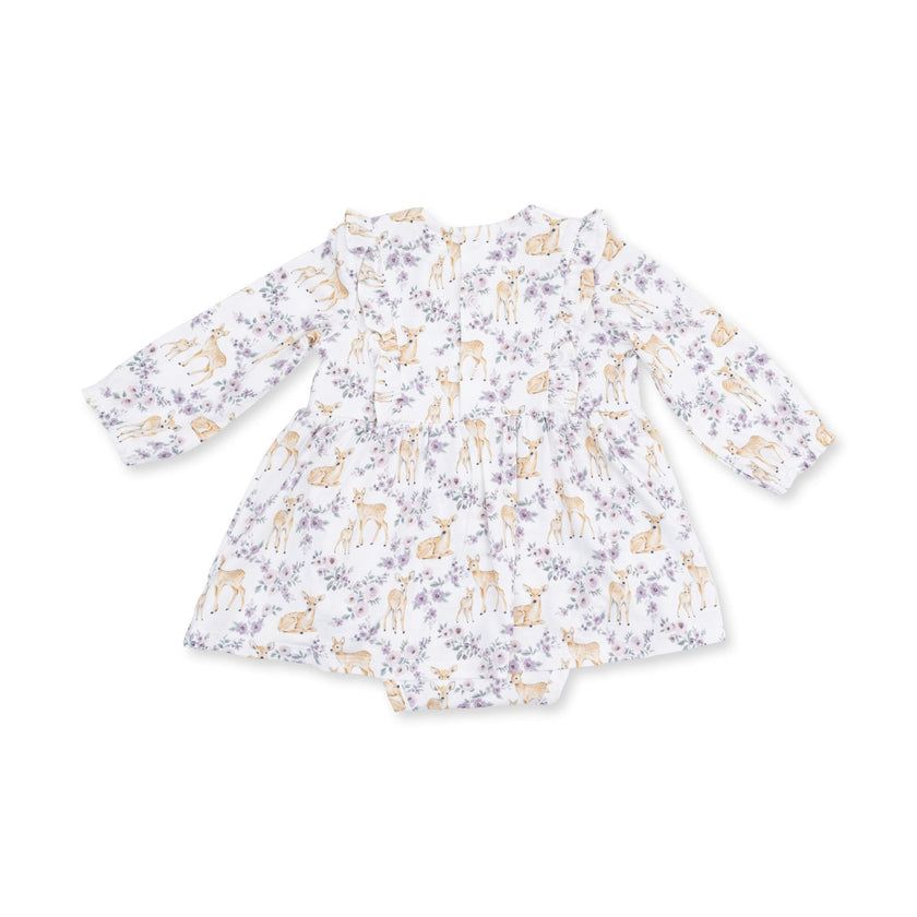 Floral Deer - Long Sleeve Ruffle Bodysuit Dress