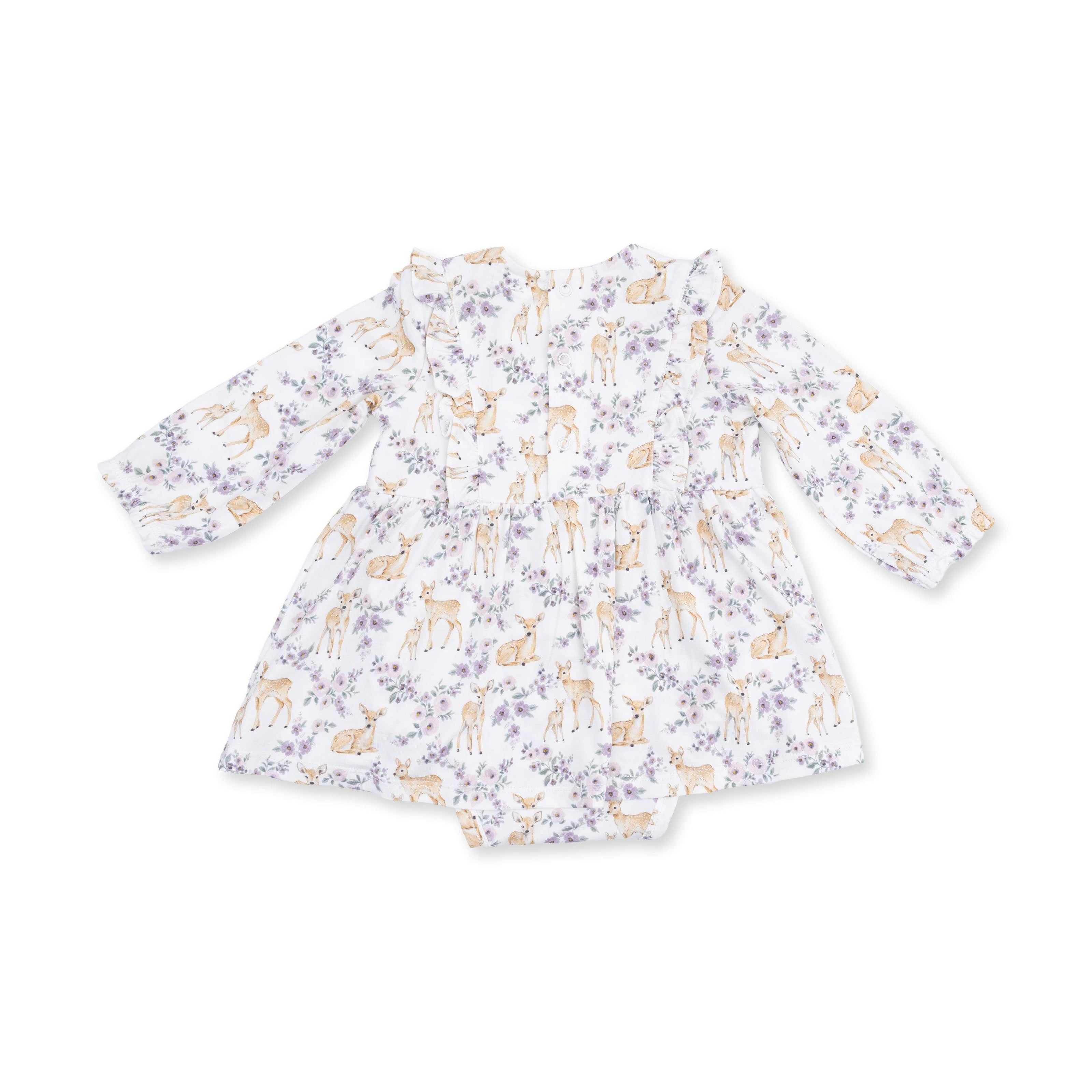 Floral Deer - Long Sleeve Ruffle Bodysuit Dress