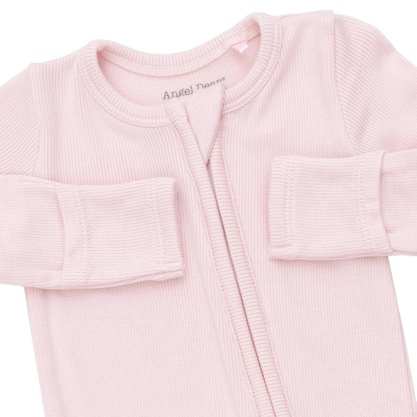 Solid Veiled Pink Rib - 2 Way Ruffle Back Zipper Footie