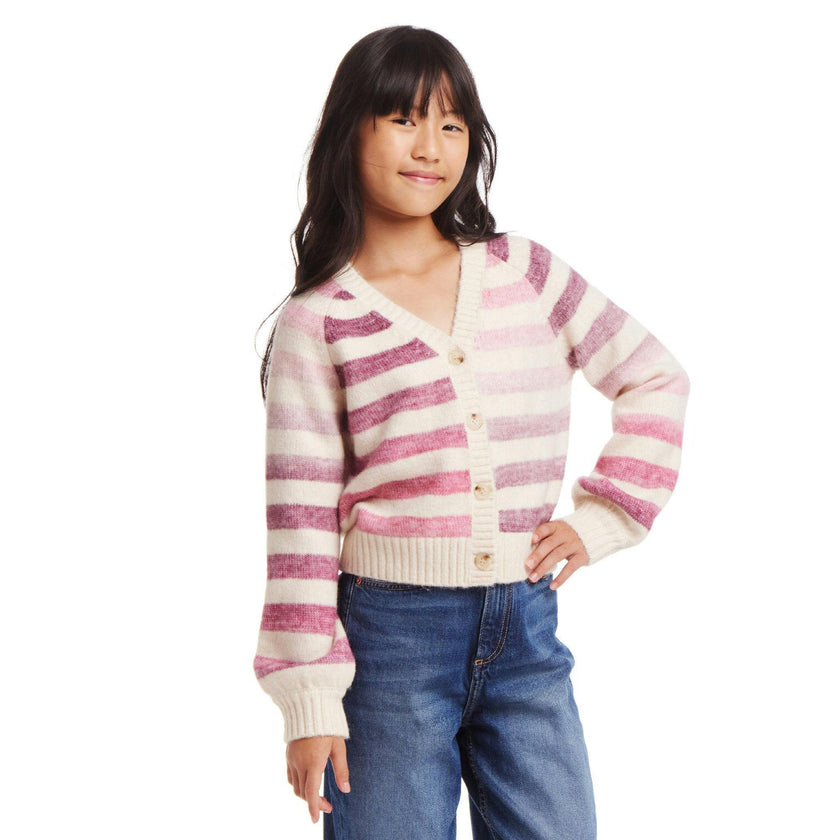 Kids Oatmeal/Purple Ombre Stripe Cardigan