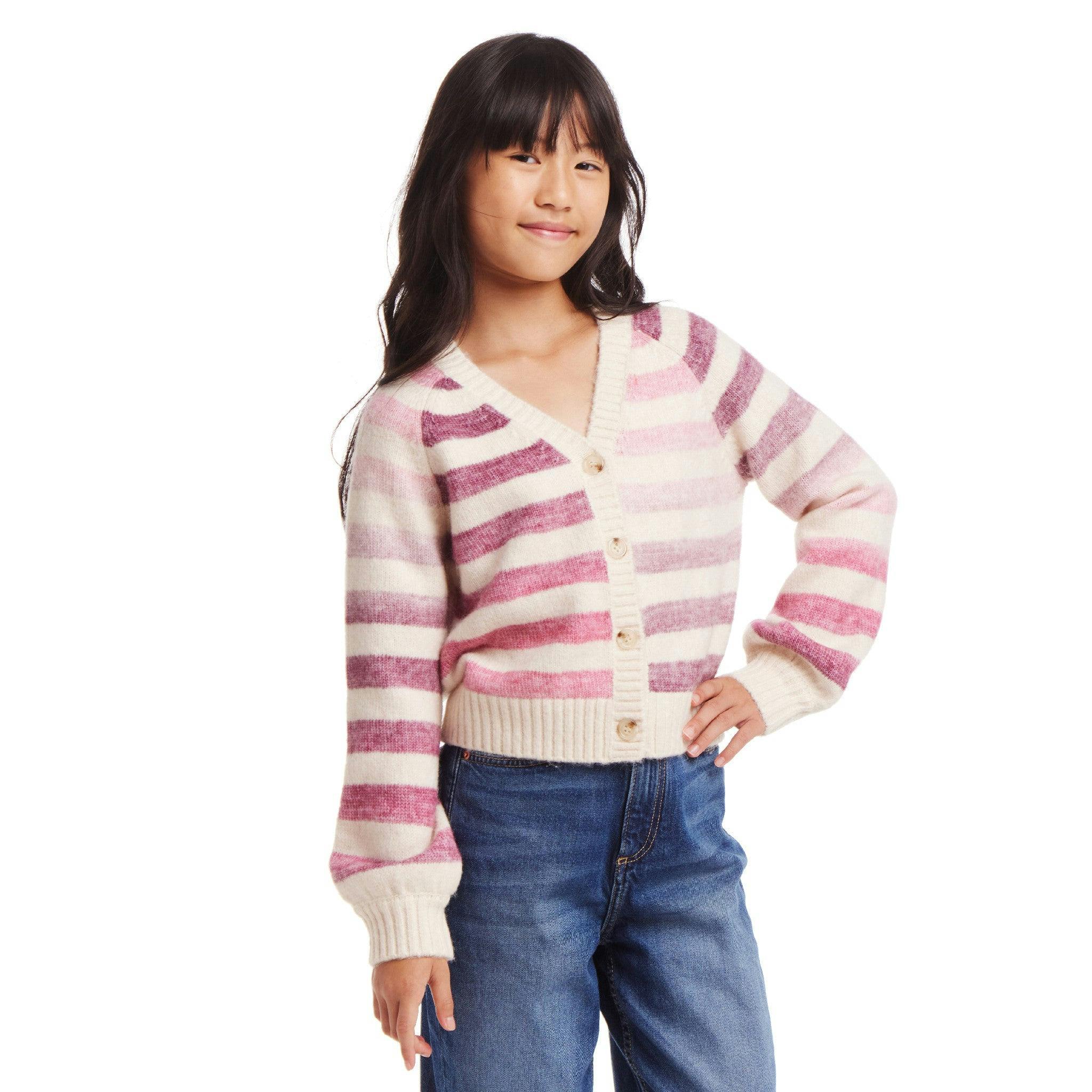 Kids Oatmeal/Purple Ombre Stripe Cardigan