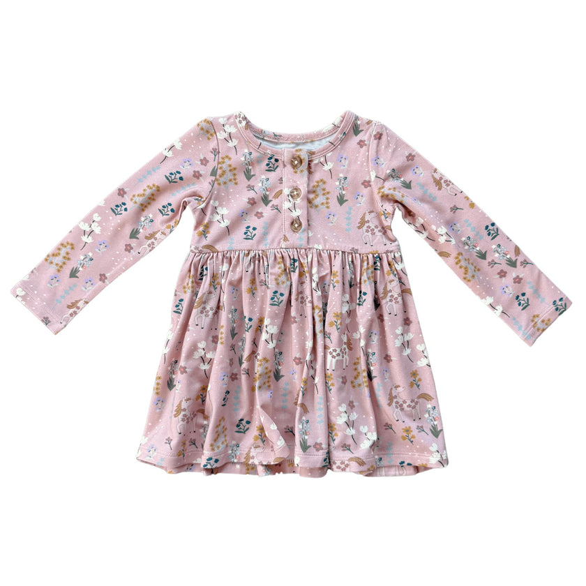 Girls Long Sleeve Henley Dress in Unicorn