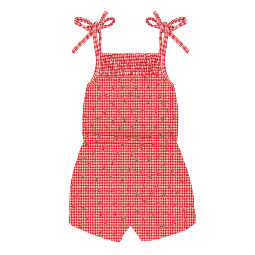 girls cranberry gingham french terry romper