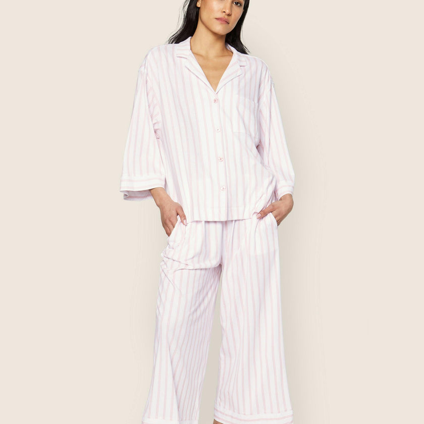 The Olivia Wide Leg Pima Pajama Set in Pink Stripe