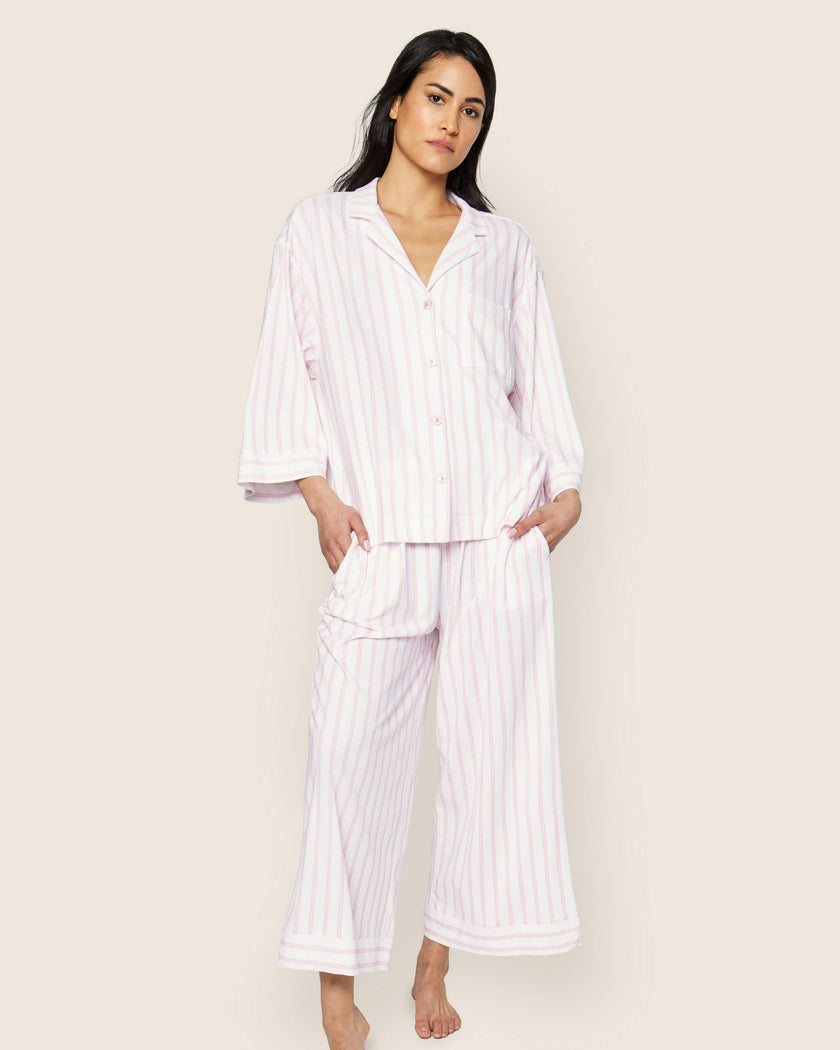 The Olivia Wide Leg Pima Pajama Set in Pink Stripe