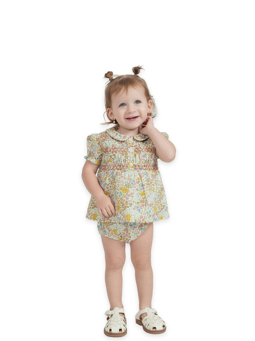 Multi Flower Print Baby Set With Front Smocking