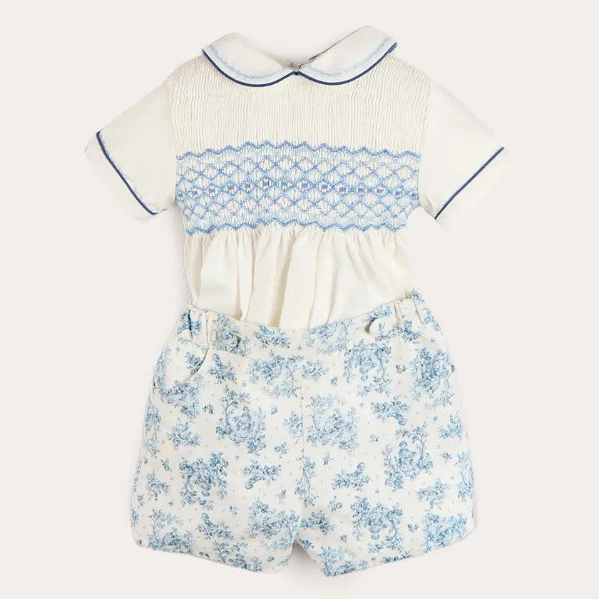 Audrey Toile Peter Pan Collar Hand Smocked Two Piece Set in Blue (6mths-3yrs)