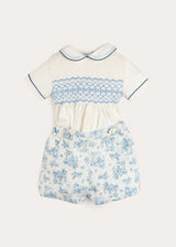 Audrey Toile Peter Pan Collar Hand Smocked Two Piece Set in Blue (6mths-3yrs)