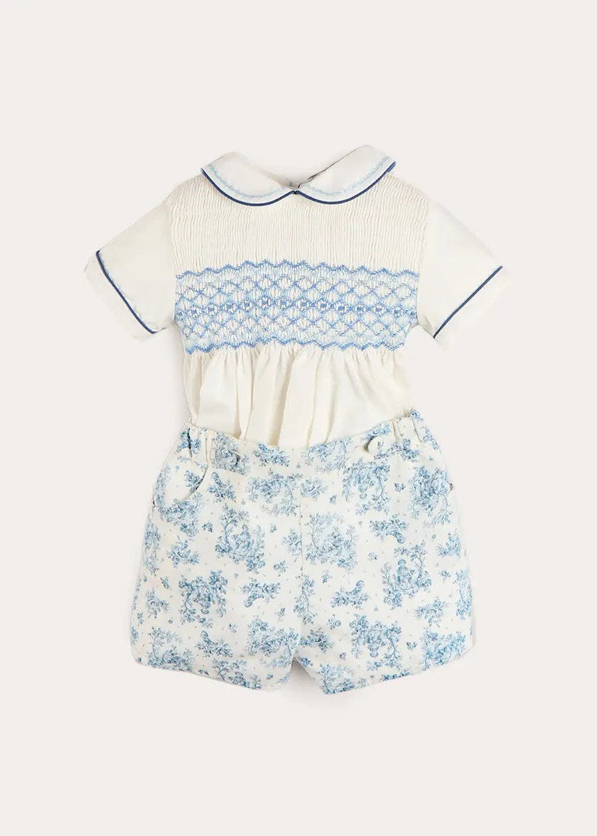 Audrey Toile Peter Pan Collar Hand Smocked Two Piece Set in Blue (6mths-3yrs)