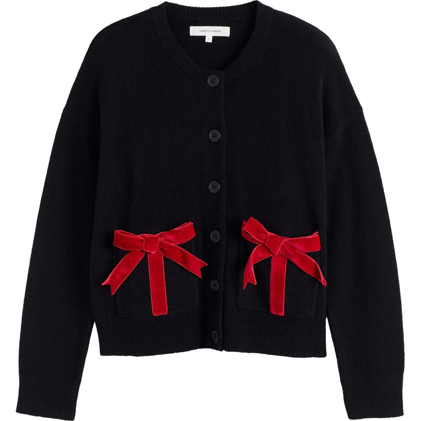 Wool-Cashmere Velvet Bow Cardigan