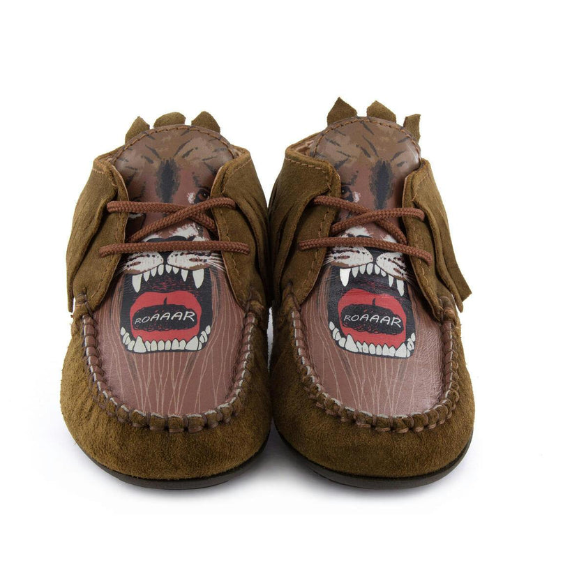 Fringed Moccasin Boot in suede leather, camel and print